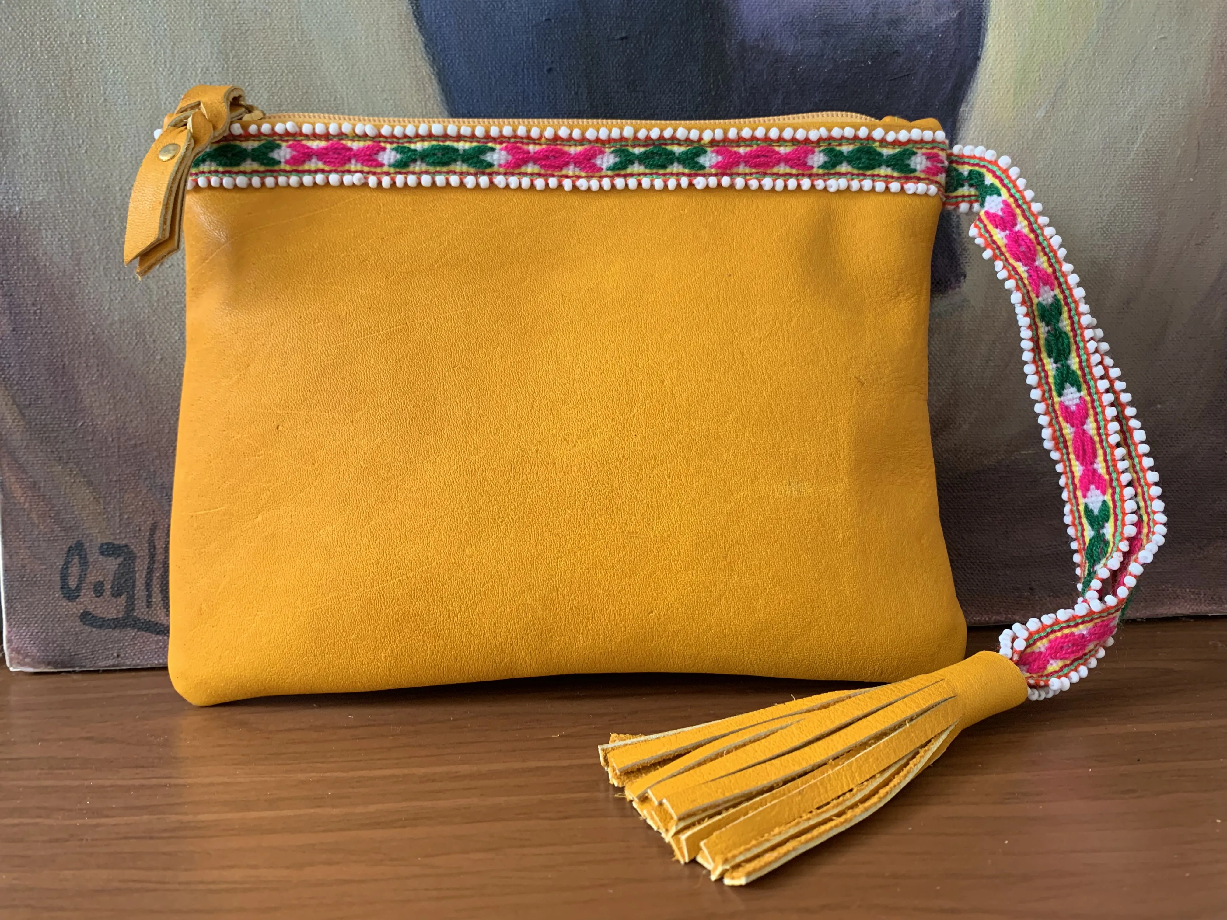 Colca Beaded Wristlet in Yellow Leather