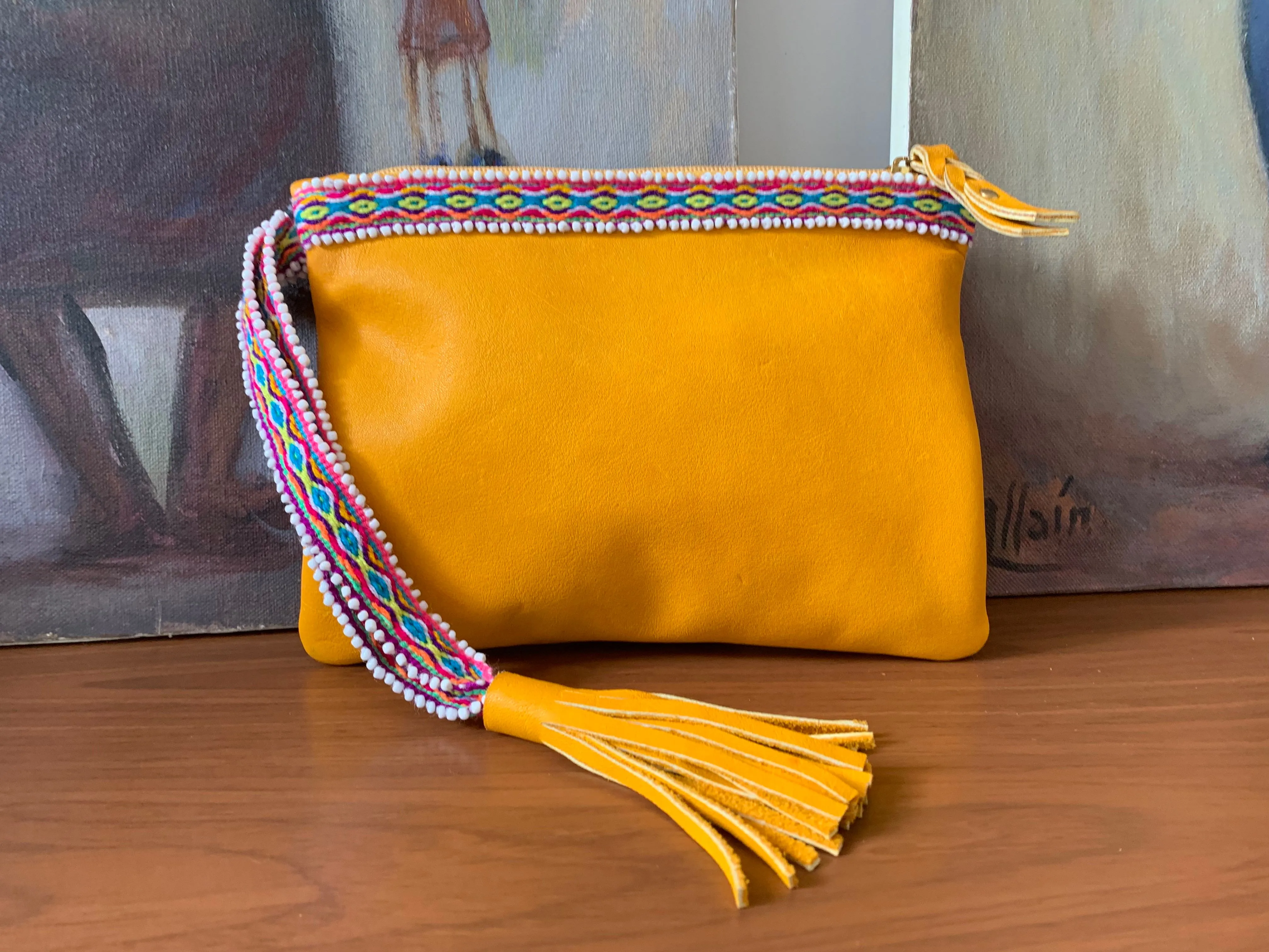 Colca Beaded Wristlet in Yellow Leather