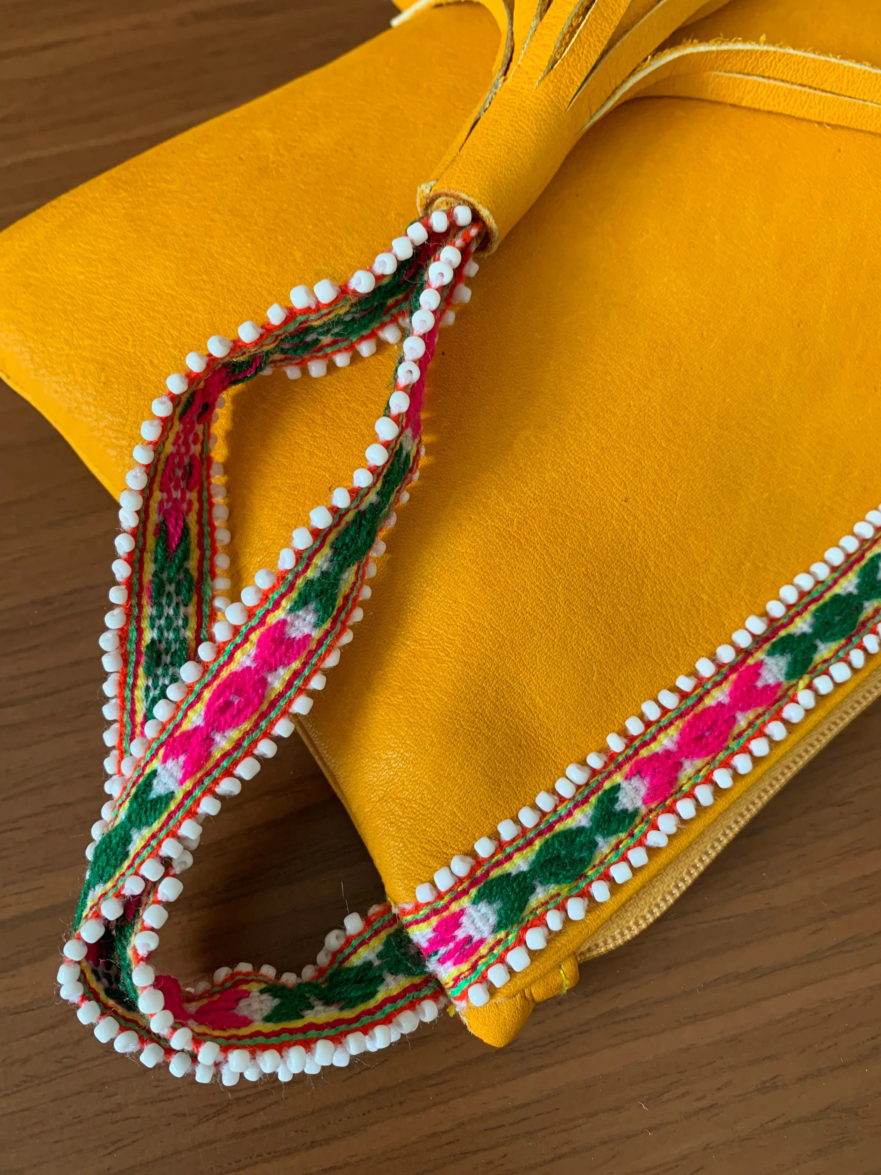 Colca Beaded Wristlet in Yellow Leather