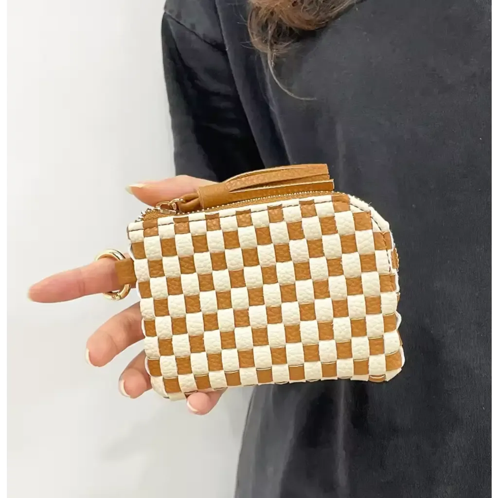 Devin Coin Purse in Checkered Brown and White with Tassel