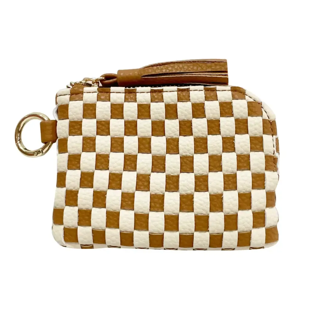 Devin Coin Purse in Checkered Brown and White with Tassel